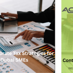 Business team reviewing 2026 corporate tax strategies for Dubai SMEs around a digital tablet showing UAE tax law updates