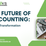 A futuristic accounting workspace showing a laptop displaying automated financial charts, cloud computing icons, and an AI analytics dashboard, surrounded by a physical calculator and a notepad, symbolizing Digital Transformation in finance.
