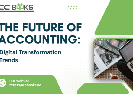 A futuristic accounting workspace showing a laptop displaying automated financial charts, cloud computing icons, and an AI analytics dashboard, surrounded by a physical calculator and a notepad, symbolizing Digital Transformation in finance.