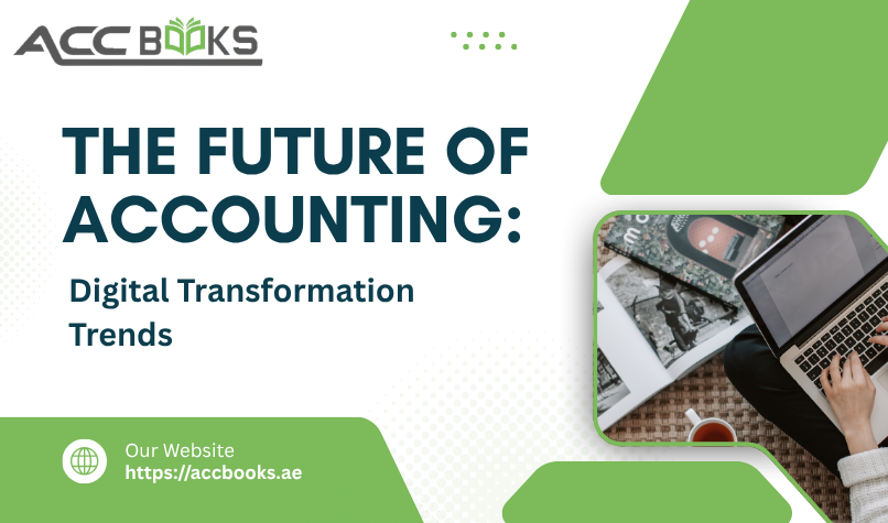 The Future of Accounting: Digital Transformation Trends A futuristic accounting workspace showing a laptop displaying automated financial charts, cloud computing icons, and an AI analytics dashboard, surrounded by a physical calculator and a notepad, symbolizing Digital Transformation in finance.