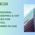 Professional bookkeeping & VAT services for logistics companies in UAE, showing a accountant reviewing freight invoices on a laptop with Dubai skyline background.