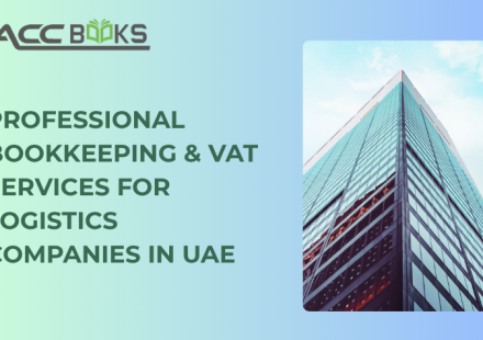 Professional bookkeeping & VAT services for logistics companies in UAE, showing a accountant reviewing freight invoices on a laptop with Dubai skyline background.