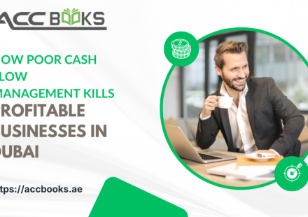 Stressed business owner reviewing dwindling bank statements in a Dubai office, symbolizing how poor cash flow management kills profitable companies.