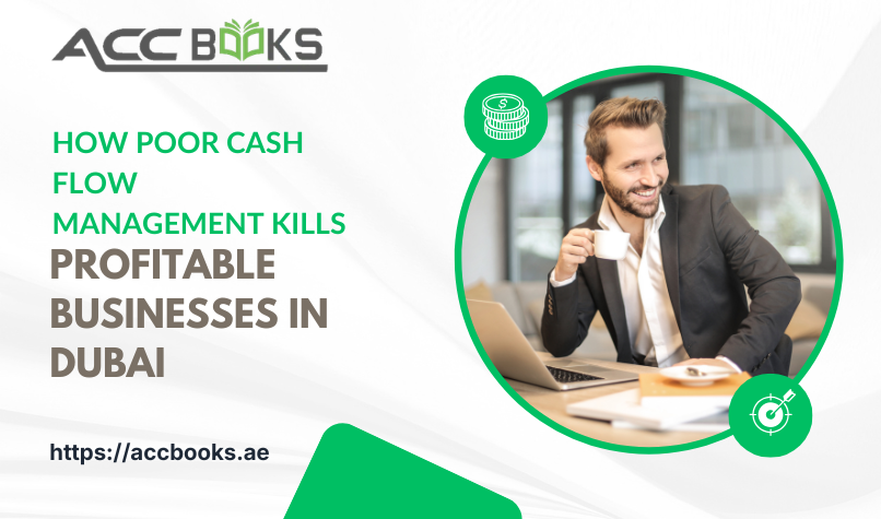 Stressed business owner reviewing dwindling bank statements in a Dubai office, symbolizing how poor cash flow management kills profitable companies.