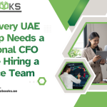 A diverse team of entrepreneurs and a fractional CFO standing in a sleek Dubai office overlooking the skyline. The fractional CFO gestures toward a large digital dashboard displaying revenue growth, cash flow projections, and a highlighted map of the UAE. The scene conveys strategic financial leadership tailored specifically for a UAE startup navigating the competitive Middle Eastern market.