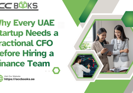 A diverse team of entrepreneurs and a fractional CFO standing in a sleek Dubai office overlooking the skyline. The fractional CFO gestures toward a large digital dashboard displaying revenue growth, cash flow projections, and a highlighted map of the UAE. The scene conveys strategic financial leadership tailored specifically for a UAE startup navigating the competitive Middle Eastern market.