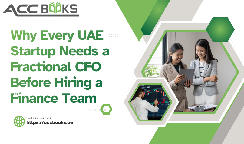 A diverse team of entrepreneurs and a fractional CFO standing in a sleek Dubai office overlooking the skyline. The fractional CFO gestures toward a large digital dashboard displaying revenue growth, cash flow projections, and a highlighted map of the UAE. The scene conveys strategic financial leadership tailored specifically for a UAE startup navigating the competitive Middle Eastern market.