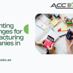 Infographic illustrating the top Accounting Challenges for manufacturing companies in UAE, including inventory valuation, VAT compliance, and cost allocation.
