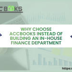 A split-screen illustration comparing a stressed team of corporate employees struggling with paperwork next to a modern, automated digital dashboard. On the left, the text reads "In-House Finance," while on the right, "AccBooks" shines as the efficient alternative.