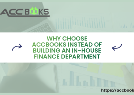 A split-screen illustration comparing a stressed team of corporate employees struggling with paperwork next to a modern, automated digital dashboard. On the left, the text reads "In-House Finance," while on the right, "AccBooks" shines as the efficient alternative.