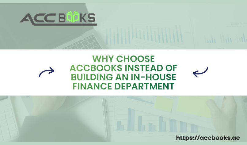 A split-screen illustration comparing a stressed team of corporate employees struggling with paperwork next to a modern, automated digital dashboard. On the left, the text reads "In-House Finance," while on the right, "AccBooks" shines as the efficient alternative.