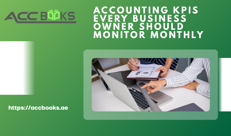 A business owner reviewing a financial dashboard with graphs and cash flow statements, highlighting essential Accounting KPIs to monitor monthly for business growth.