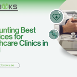 A professional female accountant wearing a white lab coat over her business suit, reviewing a detailed financial ledger and prescription clipboard side-by-side on a modern glass desk in a Dubai clinic setting. A laptop screen in the background displays revenue charts and a Dubai Healthcare City (DHCC) logo overlay, symbolizing the intersection of medical care and financial best practices for Healthcare Clinics in the UAE.