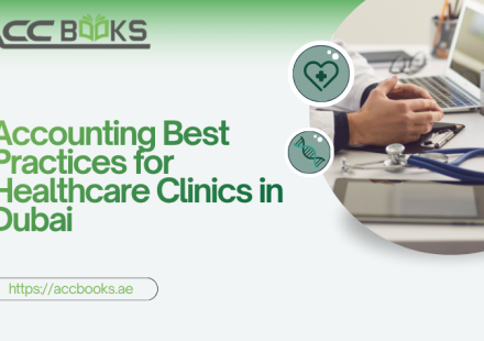 A professional female accountant wearing a white lab coat over her business suit, reviewing a detailed financial ledger and prescription clipboard side-by-side on a modern glass desk in a Dubai clinic setting. A laptop screen in the background displays revenue charts and a Dubai Healthcare City (DHCC) logo overlay, symbolizing the intersection of medical care and financial best practices for Healthcare Clinics in the UAE.