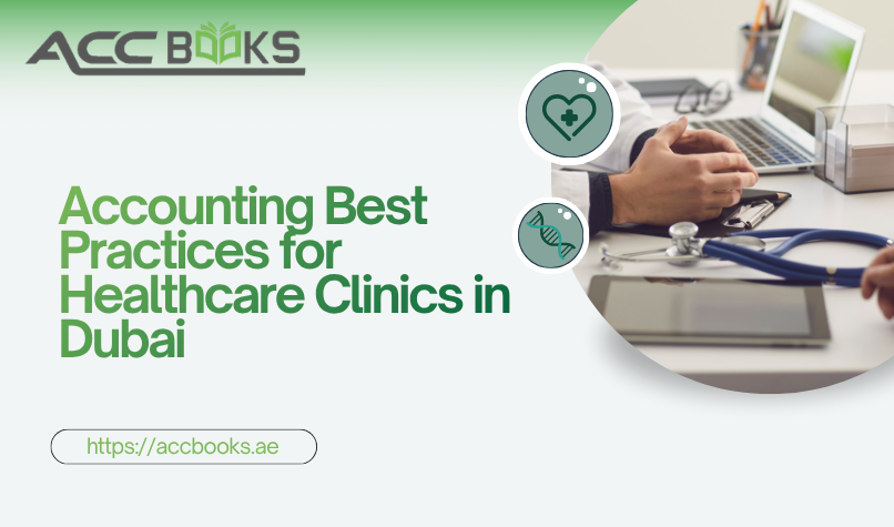 A professional female accountant wearing a white lab coat over her business suit, reviewing a detailed financial ledger and prescription clipboard side-by-side on a modern glass desk in a Dubai clinic setting. A laptop screen in the background displays revenue charts and a Dubai Healthcare City (DHCC) logo overlay, symbolizing the intersection of medical care and financial best practices for Healthcare Clinics in the UAE.