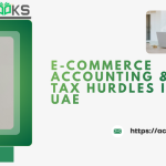 Illustration of E-Commerce accounting challenges and tax compliance hurdles in the UAE, featuring financial charts, a calculator, and a VAT document.