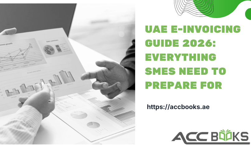 A detailed infographic showing the UAE E-Invoicing compliance steps for 2026, featuring a checklist, a calculator, and digital filing icons for small and medium businesses.