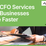 A confident CFO in a sharp business suit standing on a concrete observation deck, pointing toward a futuristic city skyline with towering skyscrapers and a glowing upward-trending financial graph superimposed in the sky. The visual conveys strategic financial leadership and growth, illustrating how expert CFO services help Businesses Scale to new heights with data-driven decisions and financial clarity.