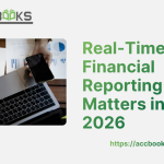 A sleek laptop screen displaying a live, interactive financial dashboard with glowing green upward-trending line graphs, bar charts, and a real-time digital clock set to 2026. A professional hand is adjusting a holographic data widget, symbolizing instant access to critical numbers, while a blurred modern office background reinforces the urgency of real-time Financial Reporting in today's fast-paced business environment.
