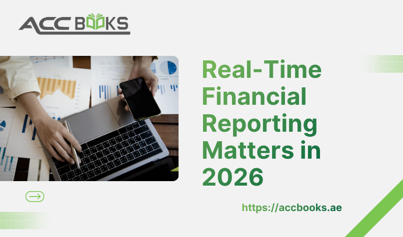 A sleek laptop screen displaying a live, interactive financial dashboard with glowing green upward-trending line graphs, bar charts, and a real-time digital clock set to 2026. A professional hand is adjusting a holographic data widget, symbolizing instant access to critical numbers, while a blurred modern office background reinforces the urgency of real-time Financial Reporting in today's fast-paced business environment.