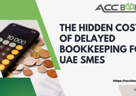 Stack of unsorted receipts and financial documents piling up next to a calculator, symbolizing the financial risks of delayed bookkeeping for UAE small businesses.