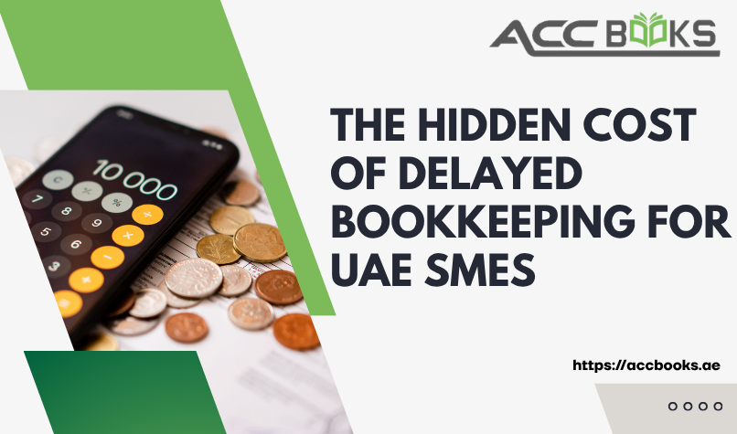 Stack of unsorted receipts and financial documents piling up next to a calculator, symbolizing the financial risks of delayed bookkeeping for UAE small businesses.