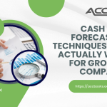 Illustrated guide to cash flow forecasting techniques for growing companies, showing a rising graph arrow over a calendar timeline with icons for direct method, indirect method, and rolling forecasts.