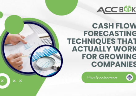Illustrated guide to cash flow forecasting techniques for growing companies, showing a rising graph arrow over a calendar timeline with icons for direct method, indirect method, and rolling forecasts.
