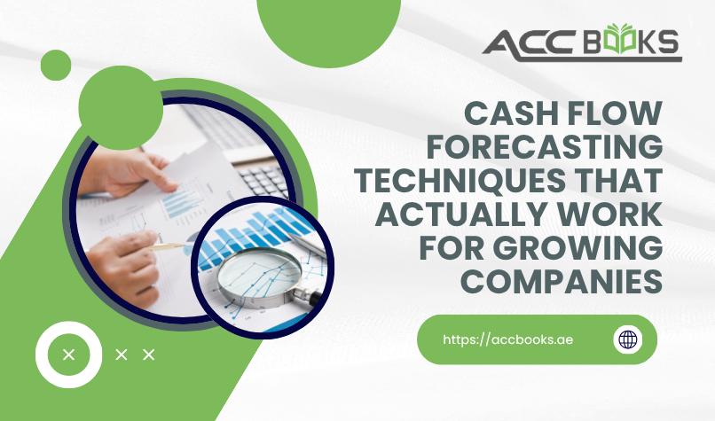 Illustrated guide to cash flow forecasting techniques for growing companies, showing a rising graph arrow over a calendar timeline with icons for direct method, indirect method, and rolling forecasts.