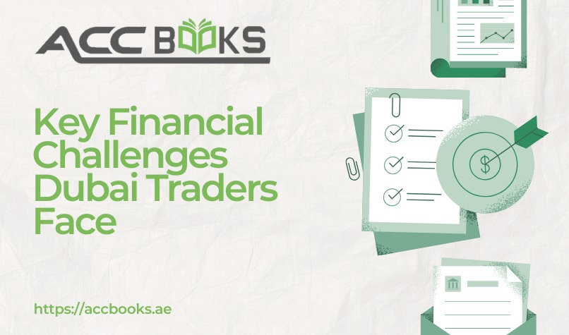 Key Financial Challenges Dubai Traders Face Dubai trader sitting at a desk looking worried, surrounded by Financial Challenges, a calculator, and a laptop showing declining graph charts, with a view of the Dubai skyline through the window.