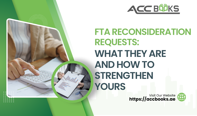 FTA Reconsideration Requests: What They Are and How to Strengthen Yours A close-up view of a business professional's hands holding a formal appeal document with the Federal Tax Authority (FTA) logo prominently displayed at the top. Beside the document lies a magnifying glass, a gavel, and a checklist with checkmarks highlighting key evidence points. A glowing shield symbolizing legal protection and compliance appears in the background, reinforcing the importance of a well-prepared FTA Reconsideration request. The image conveys thoroughness, professionalism, and the urgency of meeting the 20-working-day deadline.