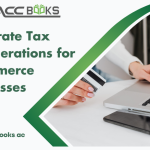 Online store owner reviewing tax documents alongside a laptop with shopping cart icons and UAE tax forms, highlighting key Corporate Tax Considerations for E-commerce Businesses