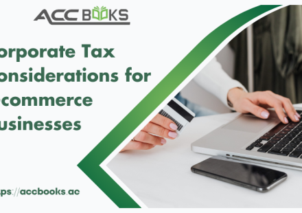 Online store owner reviewing tax documents alongside a laptop with shopping cart icons and UAE tax forms, highlighting key Corporate Tax Considerations for E-commerce Businesses