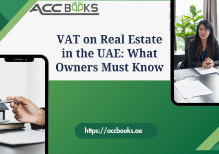 UAE property owner reviewing real estate documents with VAT percentage symbols and Dubai skyline, highlighting VAT on Real Estate rules
