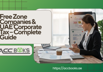 Illustrated guide showing Free Zone Companies navigating UAE corporate tax laws with Dubai skyline, tax documents, and checkmarks in the background.
