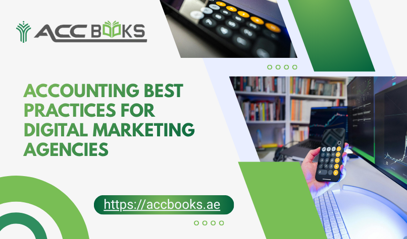 Infographic showing essential accounting best practices for digital marketing agencies, including expense tracking, client billing, and profit margin analysis.