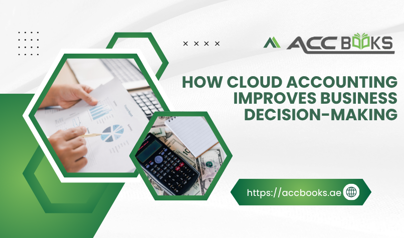 How Cloud Accounting Improves Business Decision-Making Business executive viewing real-time financial dashboards on a tablet while cloud computing icons float above, showing how Cloud Accounting delivers instant insights for smarter decisions.