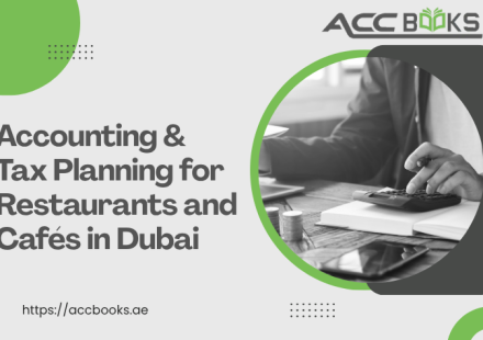 A warm, inviting Dubai restaurant interior featuring a well-dressed restaurant owner or manager reviewing financial documents and a tablet on a wooden table, alongside a cup of Arabic coffee and a traditional gold-plated calculator. In the background, the iconic Burj Khalifa is visible through the window, while a glowing graph shows upward profit margins, symbolizing strategic Tax Planning for Restaurants in Dubai's competitive hospitality sector.