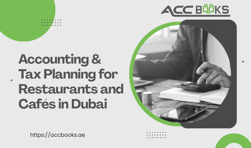 A warm, inviting Dubai restaurant interior featuring a well-dressed restaurant owner or manager reviewing financial documents and a tablet on a wooden table, alongside a cup of Arabic coffee and a traditional gold-plated calculator. In the background, the iconic Burj Khalifa is visible through the window, while a glowing graph shows upward profit margins, symbolizing strategic Tax Planning for Restaurants in Dubai's competitive hospitality sector.