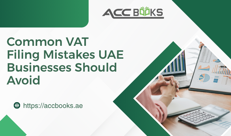 Common VAT Filing Mistakes UAE Businesses Should Avoid UAE finance team reviewing VAT returns on a tablet with warning signs and error icons, illustrating common VAT filing mistakes businesses must avoid.