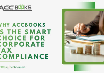A professional hand placing a glowing golden shield labeled "AccBooks" securely over a digital checklist of UAE Corporate Tax requirements. In the background, a sleek tablet displays a green confirmation checkmark and a calendar with a "Completed" stamp.