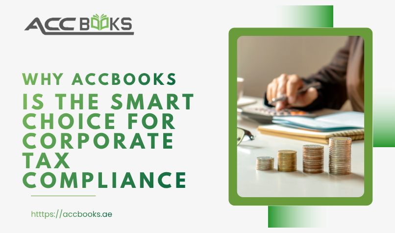 A professional hand placing a glowing golden shield labeled "AccBooks" securely over a digital checklist of UAE Corporate Tax requirements. In the background, a sleek tablet displays a green confirmation checkmark and a calendar with a "Completed" stamp.