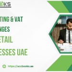 A bustling UAE shopping mall interior viewed through a glass storefront, with a superimposed transparent calculator and a red VAT receipt hovering in the foreground. A stressed retail store manager in a branded vest is reviewing a tablet while scanning shelves of products, symbolizing the complex accounting and VAT reconciliation challenges faced by Retail Businesses in the UAE's dynamic consumer market.