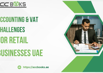 A bustling UAE shopping mall interior viewed through a glass storefront, with a superimposed transparent calculator and a red VAT receipt hovering in the foreground. A stressed retail store manager in a branded vest is reviewing a tablet while scanning shelves of products, symbolizing the complex accounting and VAT reconciliation challenges faced by Retail Businesses in the UAE's dynamic consumer market.