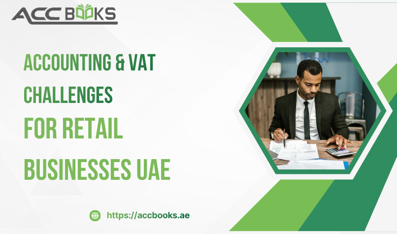 Accounting & VAT Challenges for Retail Businesses in UAE A bustling UAE shopping mall interior viewed through a glass storefront, with a superimposed transparent calculator and a red VAT receipt hovering in the foreground. A stressed retail store manager in a branded vest is reviewing a tablet while scanning shelves of products, symbolizing the complex accounting and VAT reconciliation challenges faced by Retail Businesses in the UAE's dynamic consumer market.