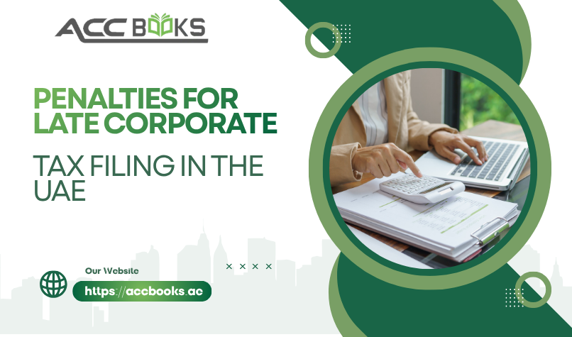 Penalties for Late Corporate Tax Filing in the UAE UAE business owner checking a calendar with warning icons and UAE dirham symbols, highlighting penalties for late Corporate Tax Filing