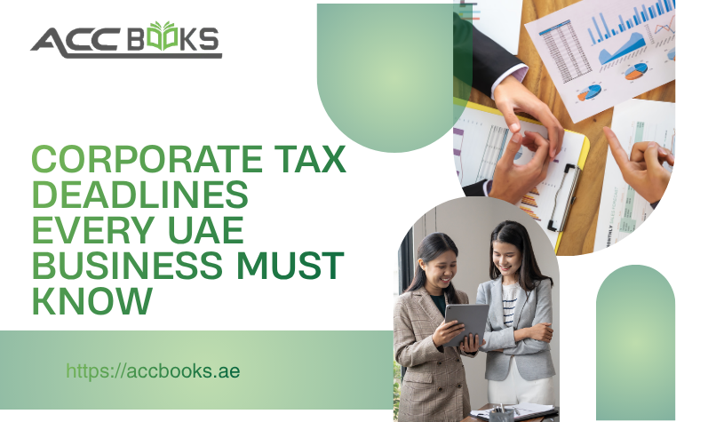 Corporate Tax Deadlines Every UAE Business Must Know A large wall calendar hanging in a modern corporate office, with multiple red circles and urgent reminder stickers marking critical dates throughout the year. A UAE business professional in a suit stands beside the calendar, holding a pen and checking off a date, while a smartphone on the desk displays a countdown timer. The calendar prominently features the FTA logo and key Corporate Tax Deadlines, emphasizing the importance of timely registration and payment for businesses operating in the United Arab Emirates.