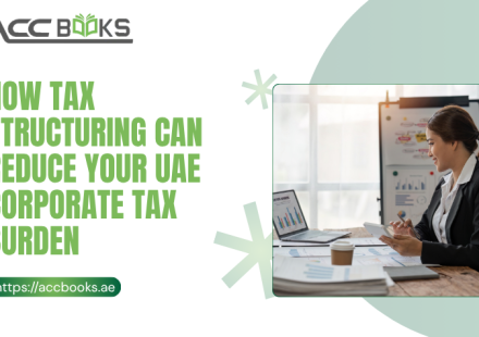 A detailed view of a wooden desk featuring a legal gavel, UAE dirham coins stacked in ascending order, and a pie chart diagram showing optimized revenue distribution across multiple corporate entities. A professional consultant is pointing to a strategic flowchart on a digital tablet, illustrating how effective Tax Structuring can legally minimize corporate tax liabilities. The UAE flag is subtly visible in the background, reinforcing the local regulatory context.