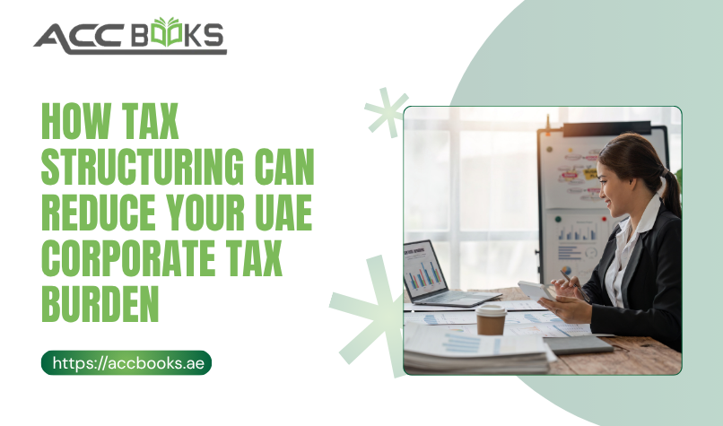 How Tax Structuring Can Reduce Your UAE Corporate Tax Burden A detailed view of a wooden desk featuring a legal gavel, UAE dirham coins stacked in ascending order, and a pie chart diagram showing optimized revenue distribution across multiple corporate entities. A professional consultant is pointing to a strategic flowchart on a digital tablet, illustrating how effective Tax Structuring can legally minimize corporate tax liabilities. The UAE flag is subtly visible in the background, reinforcing the local regulatory context.