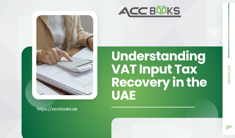 Understanding VAT Input Tax Recovery in the UAE A close-up view of a desk scattered with colorful receipts, purchase invoices, and supplier bills, with a calculator and a magnifying glass resting on top. A pair of hands is organizing and sorting these documents into two distinct piles—one marked with a green checkmark for eligible claims and another with a red cross for ineligible expenses. A laptop screen in the background displays the FTA's VAT return portal, highlighting the section for claiming Input Tax Recovery, symbolizing the meticulous review process required for successful VAT refunds in the UAE.